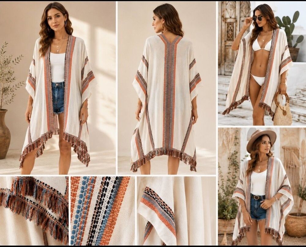 Vismaya Boho Striped Kimono Cardigan Women One Size Open Front Poncho Tassel